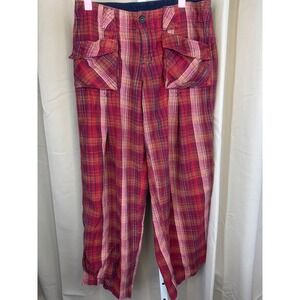 Free People Plaid Cargo Birch Wide Leg Pant Red Multicolor Women's Size 2